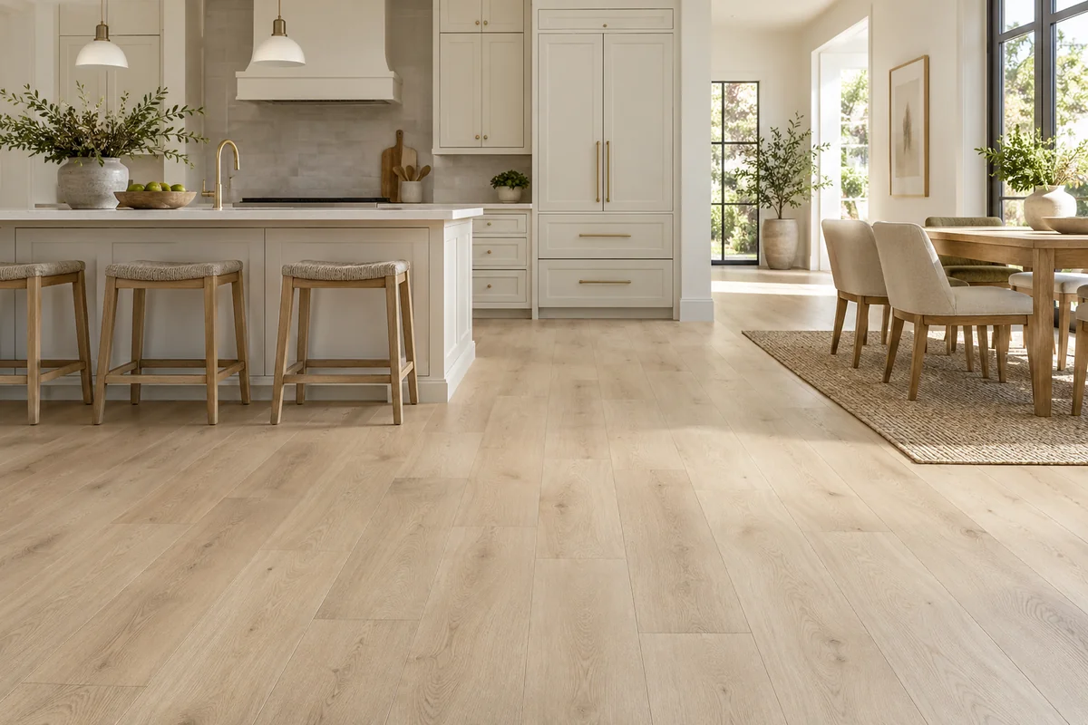 Luxury vinyl plank flooring installed through a kitchen and dining area